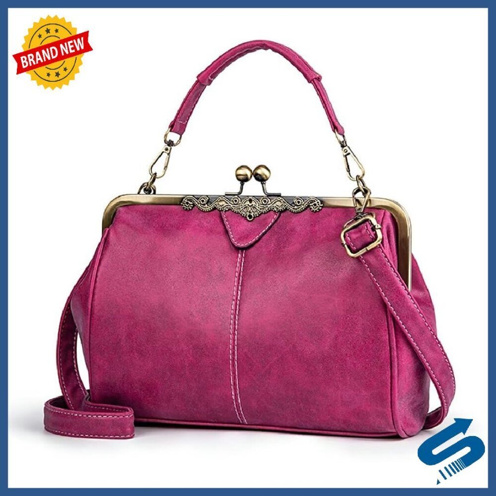 Vegan Leather Satchel Purse with Kiss Lock & Adjustable Strap